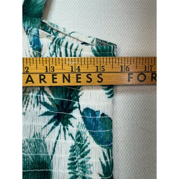 Knox Rose Womens Palm Print Midi Dress L White Green Strappy Smocked Bodice - Picture 9 of 14